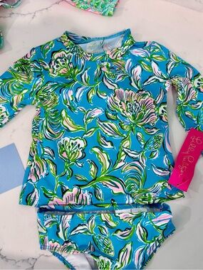 Lilly Pulitzer Turquoise Floral Long-Sleeve Rash Guard Set